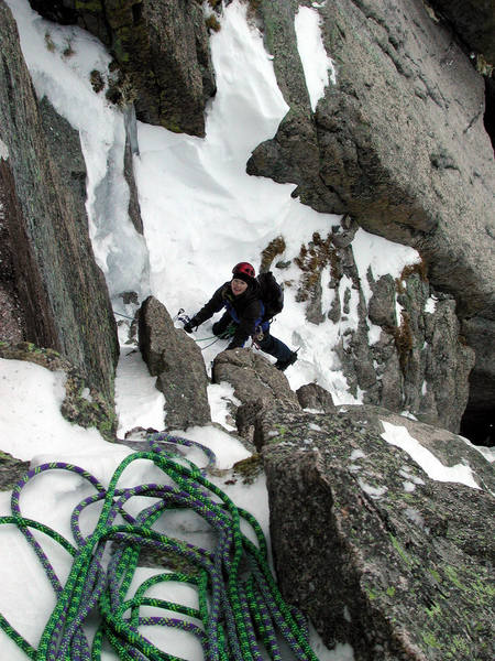 Christa nearing the top of the third pitch.