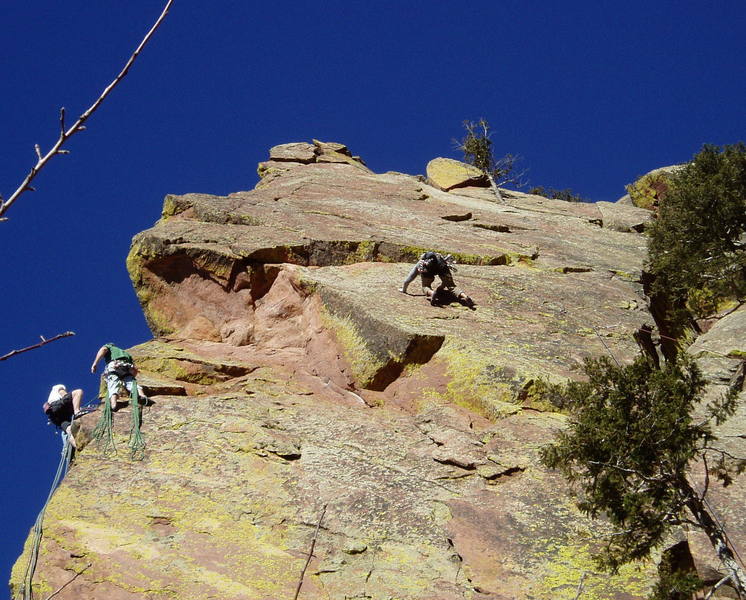 At the flake after the crux near the 3rd bolt. The climbers on the left are at the hanging belay on Moonlight Drive.