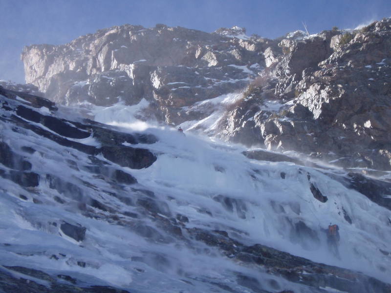 Two climbers and a little blowing snow on the third pitch of All Mixed Up.