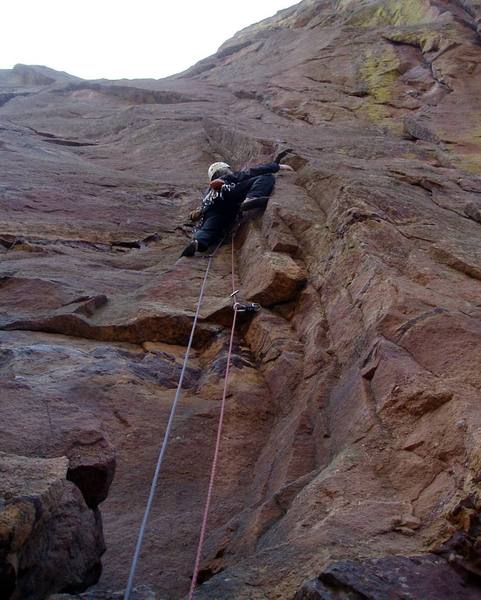 The start of the 5.9 approach. The worst pro is the first few pieces--I had some small brass and 2 ballnuts. Above that gear is reasonable.<br>
<br>
Photo by Luke Clarke.