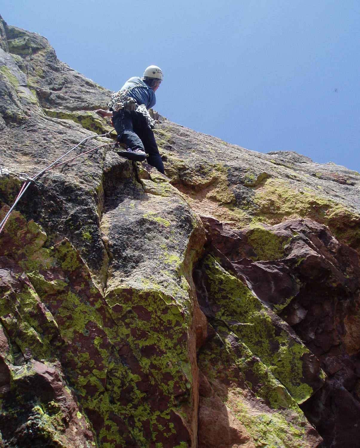 Looking right to where the gear and easier climbing is. A couple moves