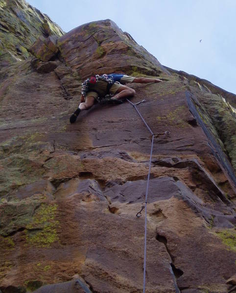Trying to move left at the 2nd crux at the 4th bolt by stepping down. This didn't work.