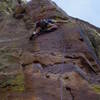 Trying to move left at the 2nd crux at the 4th bolt by stepping down. This didn't work.