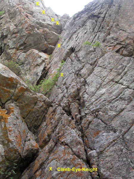 Climb-Eye-Knight. The rock is a little grungy, but the climbing is much better than it looks. Hard moves turning the roof and climbing the tricky upper headwall.