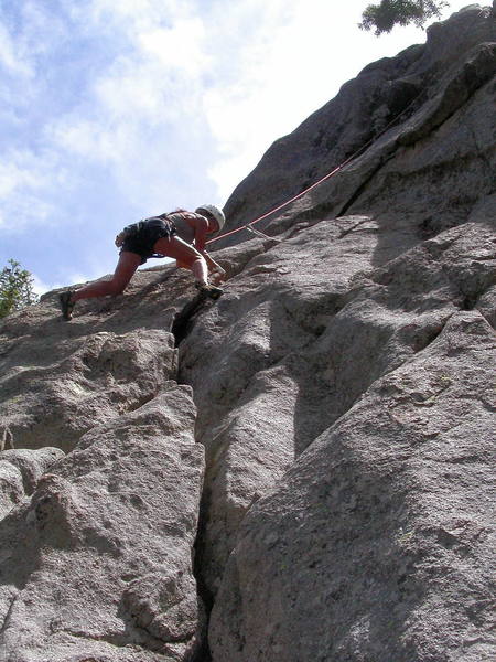Pebby Johns climbing the easy but fun flake at the start.