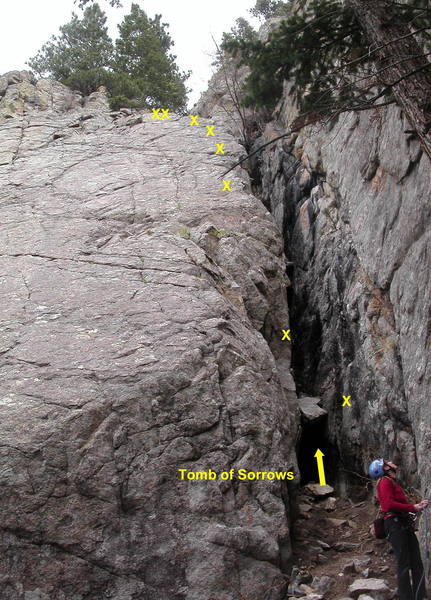 Tomb of Sorrows. You can clip the bolt on the right wall to protect the move onto the chockstone. Crank left onto the slab and ramble to the top.