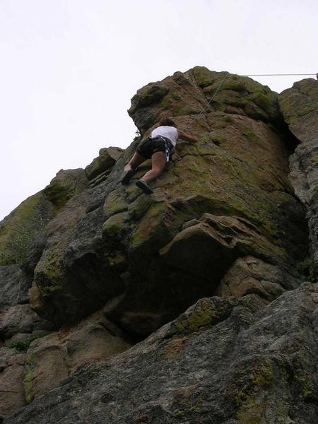 Climbing above the crux, nice lichen.