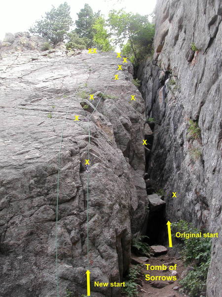 Tomb of Sorrows. <br>
The new start goes up the arete at 5.8; the original start stems up the chimney at 5.9.<br>