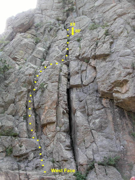 West Face Route, Castle Rock.  The easiest line is shown (5.5).  A direct line up the wide slot below the anchor is also possible, but protection is sparse.