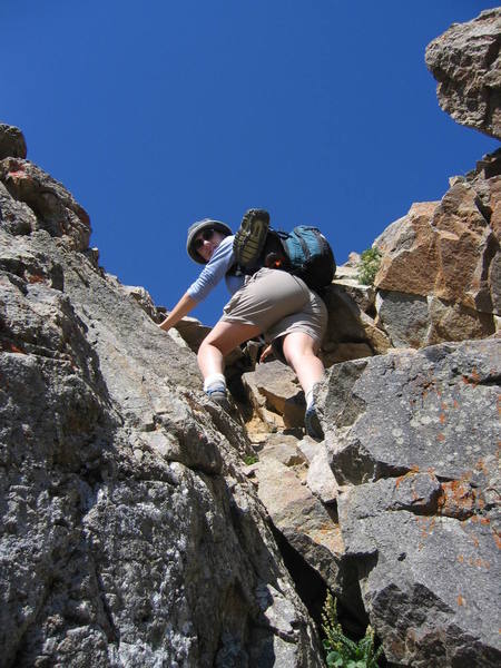 Sally on one of the few ledge-style harder sections. Most of these can be avoided by looking around to the sides.