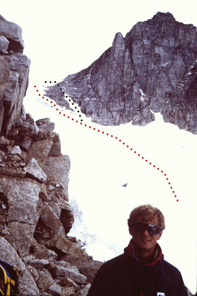Route Photo 4 - This was taken on the descent (we descended the rock rib).  I can't remember whether we climbed the glacier or the snow gully, so I marked them both! I think we did the left line...???   (I also forget the name of our friend here.)