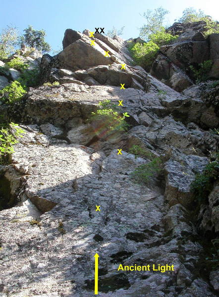 Ancient Light, pitch 1. The lower part of the route is a little dirty, but the upper part is clean, steep, and airy.