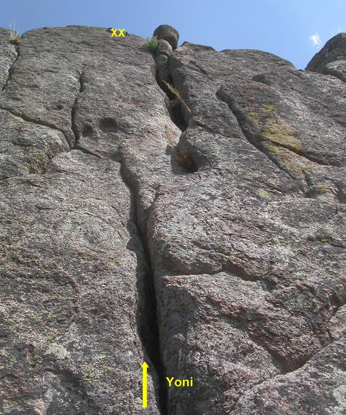 Yoni, the left crack on the Wall of the Goddess. Moderate climbing and good pro; fun for someone working on their crack-leading skills.