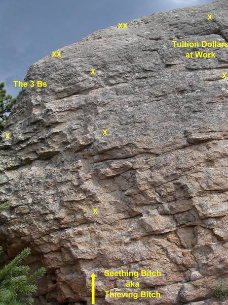 Seething Bitch aka Thieving Bitch is the second bolt line from the left.<br>
<br>
The crux is at the last bolt.<br>