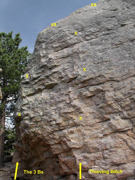 The 3 Bs climbs the arete left of Seething/Thieving Bitch.