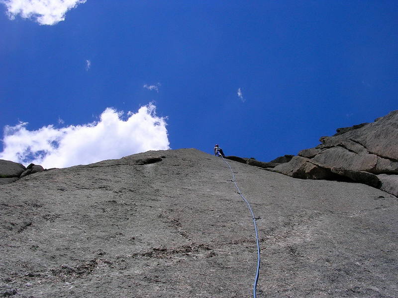 Into the extra runout upper bits, seemed easier to start L from the belay on P2.