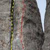 Meteor climbs the crack (yellow) .  Jupiter is the bolted line to the right (red).