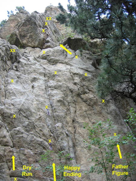 Happy Ending is the second bolted line from the left on the lower Bowling Alley.<br>
<br>
The crux is the last moves to the anchor.