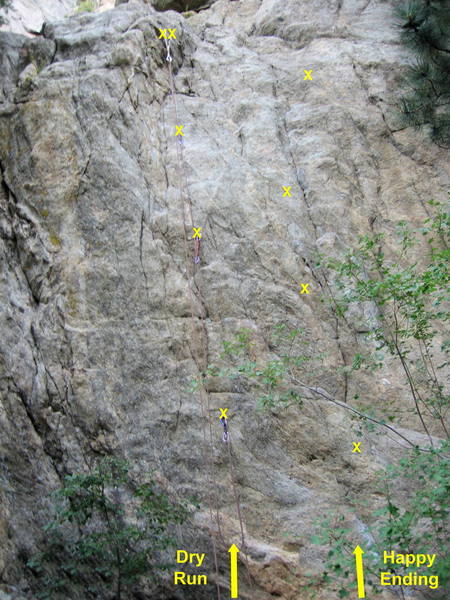 Dry Run is the leftmost bolted route on the Lower Bowling Alley.