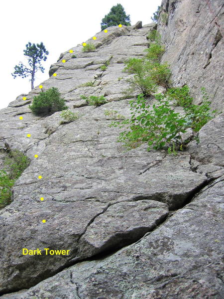 Dark Tower. Angle left on the slab and follow the arete to the top.