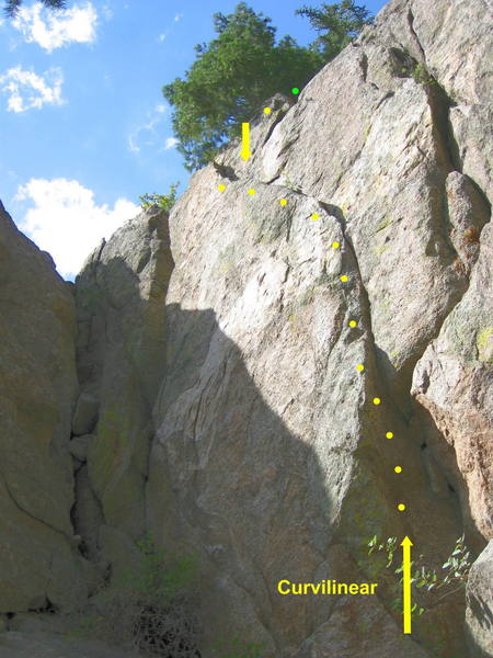 Curvilinear. Stem the corner and climb the crack and ramp to the top. Short but sweet.