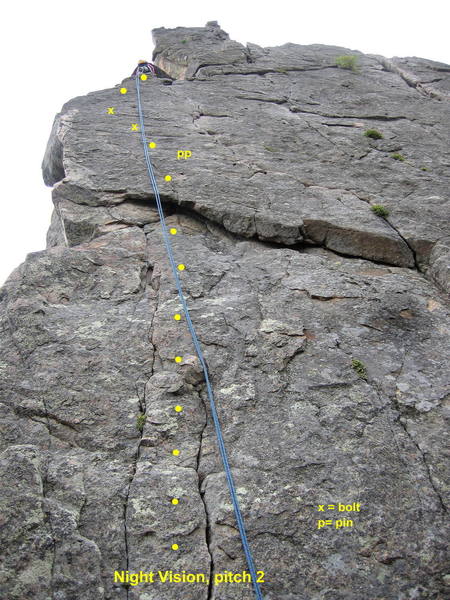 The second pitch of Night Vision.  The crux face is protected by two pins and two new bolts.