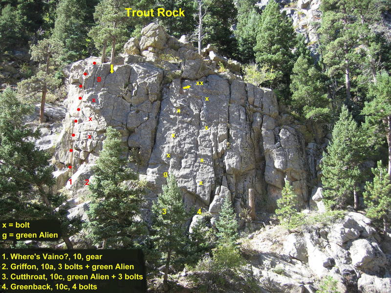 Routes on Trout Rock. Greenback climbs the steep slab near the center of the rock, just right of Cutthroat.