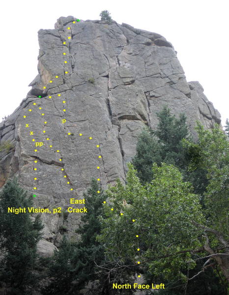 Routes on the left side of Cob's North Face. Night Vision climbs the face and arete near the left edge. East Crack climbs a left-facing corner and thin crack. North Face Left climbs the face past an old pin.<br>
<br>
The routes meet at an alcove by the arete, and share a common final pitch to the summit.