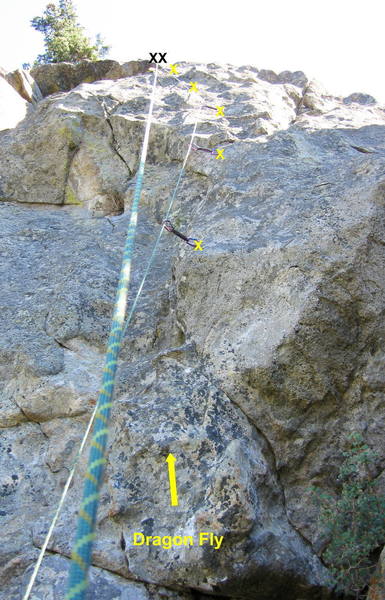 Dragon Fly.  Jug haul past the first bolt, up a groove past the second bolt, and up a steep face to the top.