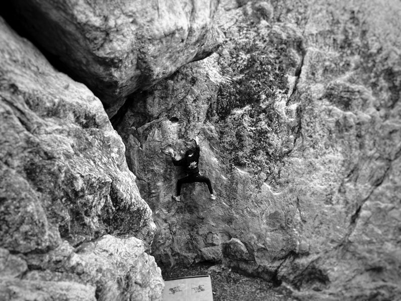 Wyatt past the hard part on one of his favorites, Watercourse. For this photo I was perched putting all my weight on one foot, Wyatt says "if you fall I'm not taking the blame". Spoiler alert, I didn't fall. Anyway, cool view of Watercouse and The Pit.