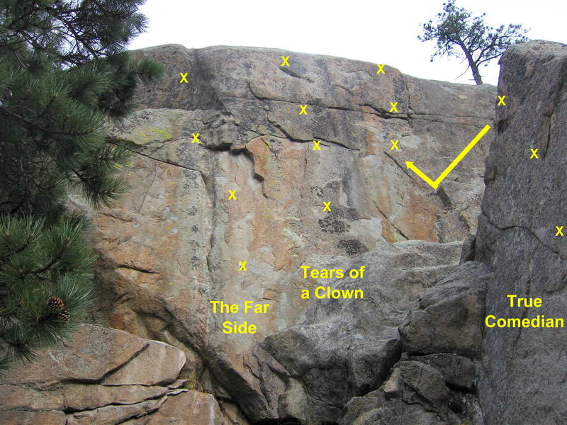 The Far Side. Climb the leftmost line of bolts on Comedy Wall.