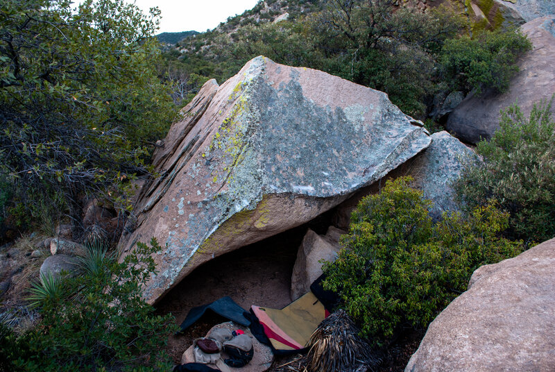 Climbing in Bivy Boulder, Cochise Stronghold