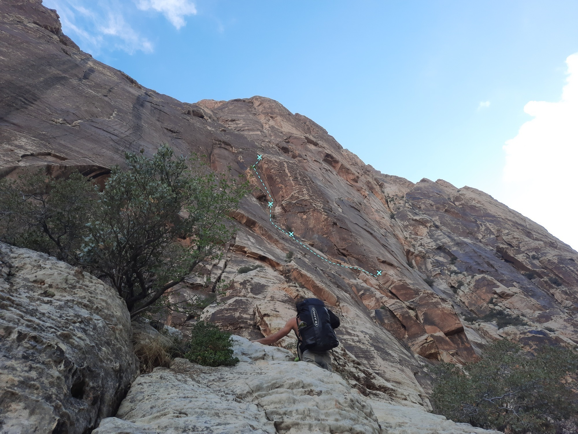 Scrambling up to Black Velvet wall, with Malicious Mischief lurking above.