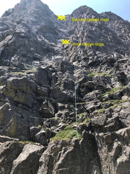 The 2nd rappel, skipping the third station, as we had double 70s.