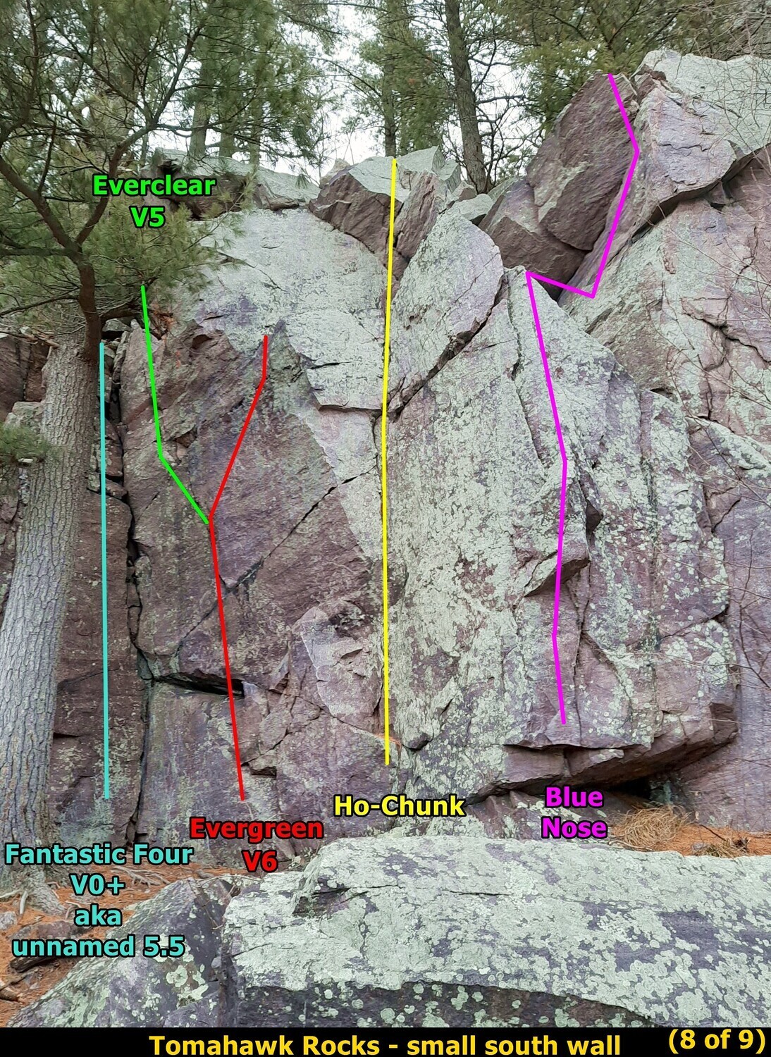 The routes with V ratings are listed in the bouldering section of MP