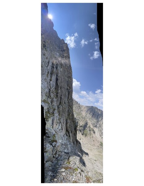 A panoramic shot of the whole route, taken from just below the South Col (where the descent rappel deposits you).