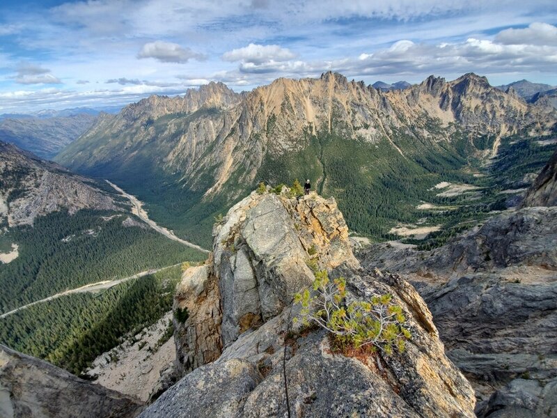 Standing on the "bivvy platform", and the traverse climbers right from
