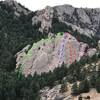 An overview of Front Porch, as seen from the NCAR trail approach:<br>
<br>
1. East Face South Side (5.2).<br>
2. East Face Center (5.0).<br>
3. Tip Toe (5.3).<br>
4. Northeast Ridge (4th).