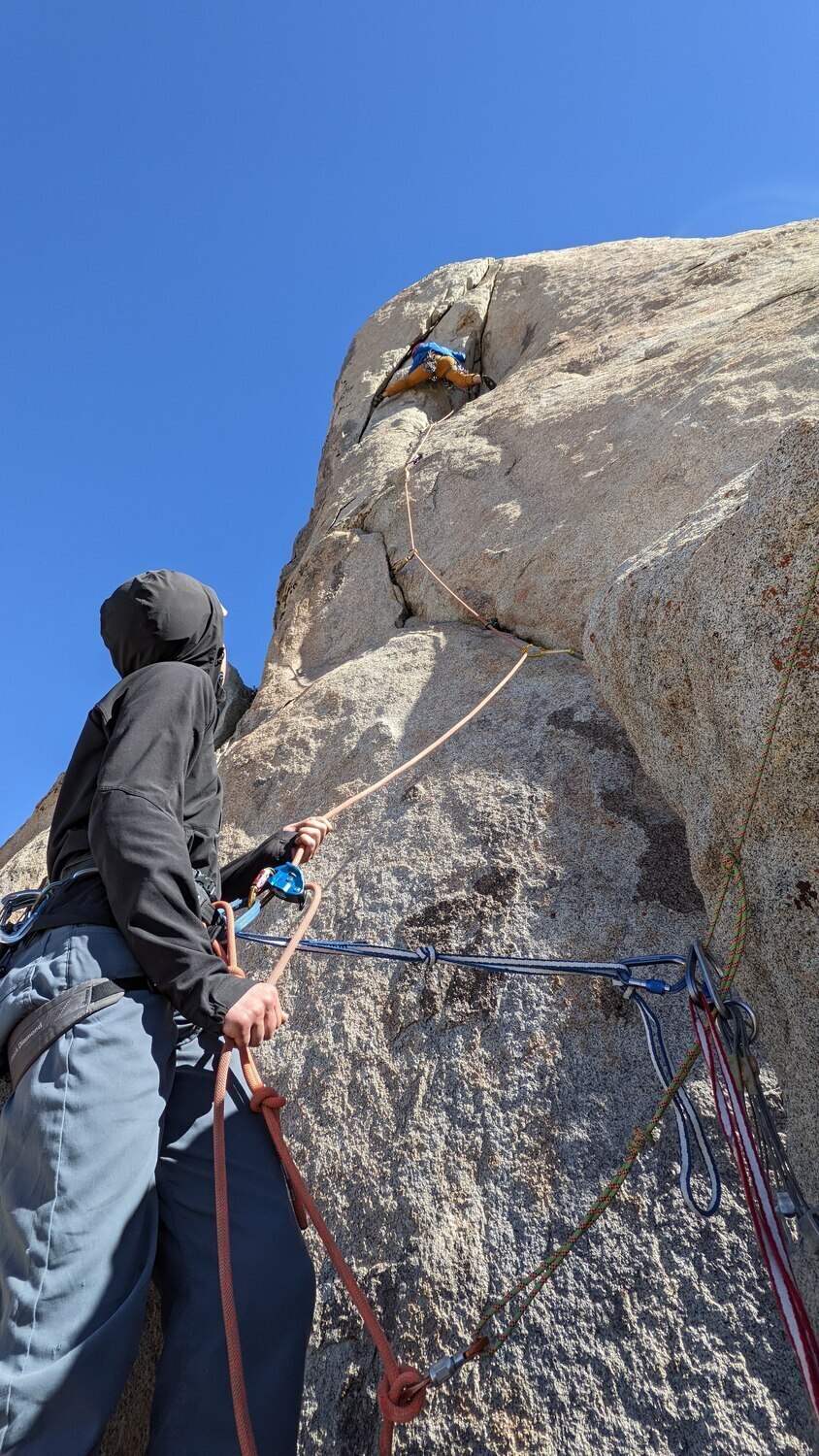 Crux section. Belaying from a ledge.