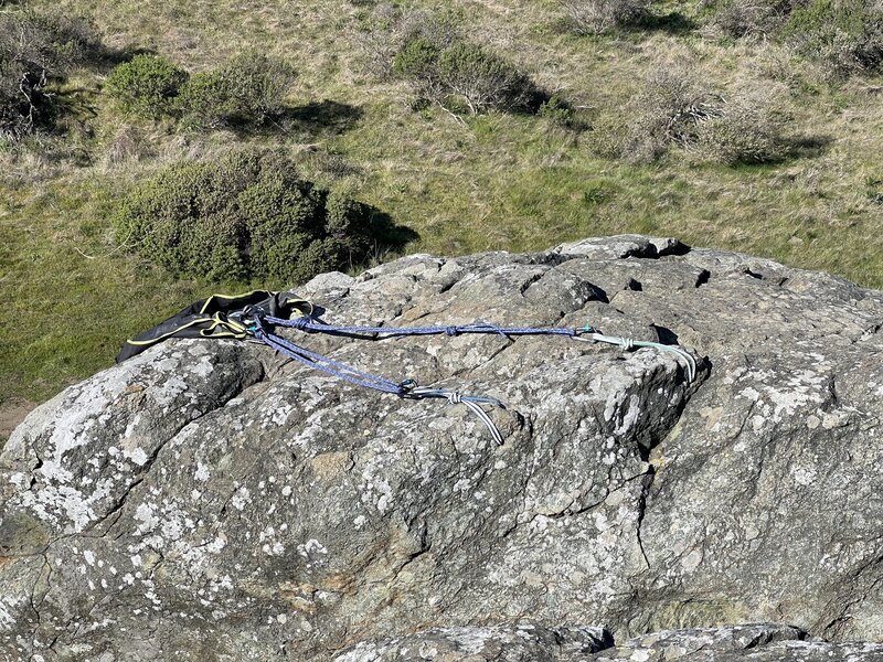 Top Rope quad anchor for the south crack / left arete. Made with 30' of 7mm cordelette and 2x