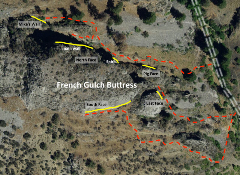 French Gulch Buttress overview the five sectors and their access trails