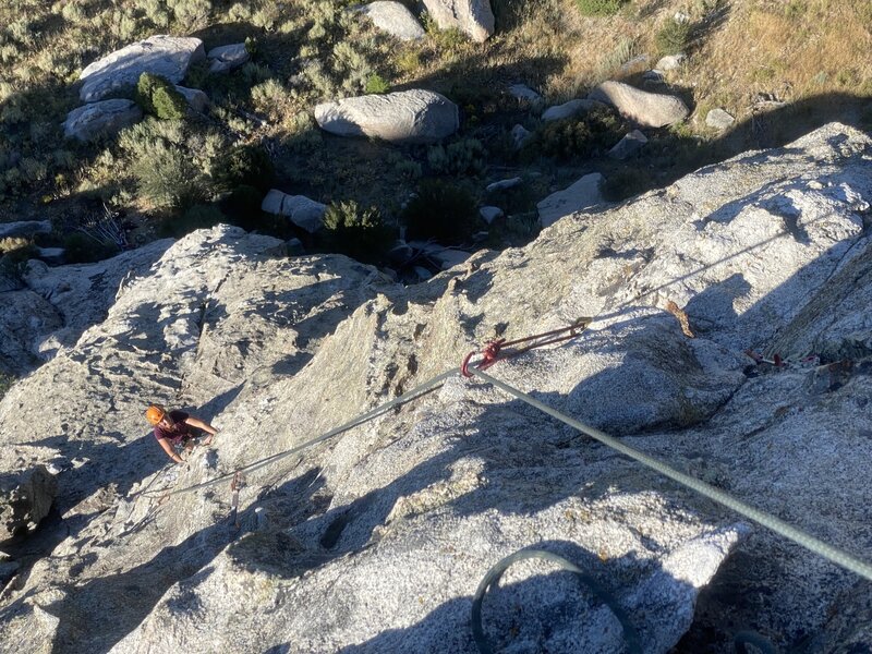 Vanessa climbing the second slab style pitch. Beautiful climbing on