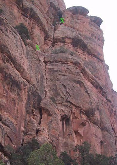 The lower part of Otto's Route. Green X's mark fixed anchors at the top of the first two pitches.
