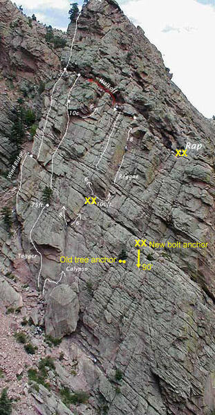 The Southwest face of the Wind Tower, showing the location of the new bolted rappel anchor.