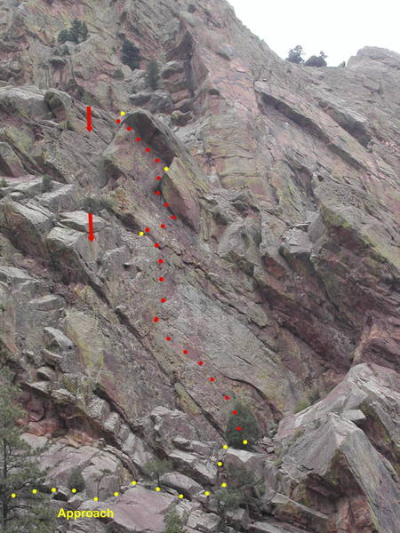 Allosaur from across the creek. Scramble in from the left and climb a 4th-class slot to access the route. The belay at the end of the first pitch is on a sloping ramp; other options are to belay at the rappel tree on the left, or run the first two pitches together. Two rappels to get off; a 60m rope is useful for the second rappel.