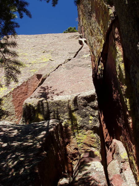 View of Upstairs Dihedral from the start. The route follows the slanting crack, then continues up the corner.