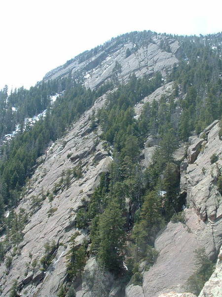 The Keel is the long flatiron on the left. The Rudder is the small flatiron north of the top of The Keel. The Wings are slabs reaching the south ridge crest of Bear Peak. Photo taken from South Shanahan Crag.