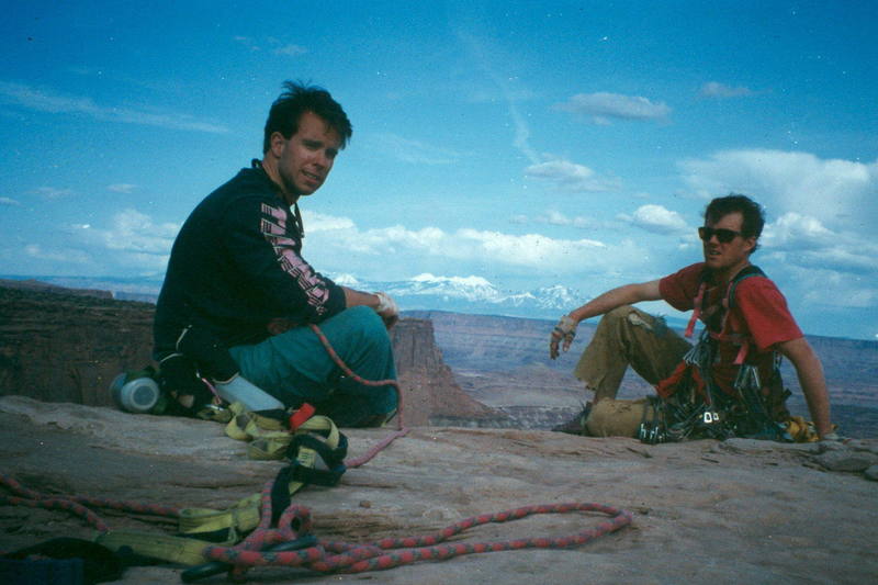 Summit view of the La Sal Mtns and Canyonlands. In 1992, we were only the 25th summit party in 29 years.