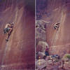 Well, I apologize for the photo quality <br>
and excessive size... I don't have any <br>
editing software.<br>
Anyway, two photos of me sewing up <br>
Coyne, one from the sketchy lieback, <br>
and the other after In fell and decided <br>
to try the tough jams.  This climb is <br>
my toughest attempt yet, but I still <br>
haven't done it clean.