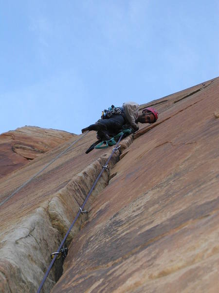 Rocco fires the clean aid ascent (C2+) on the headwall (Pitch 13).